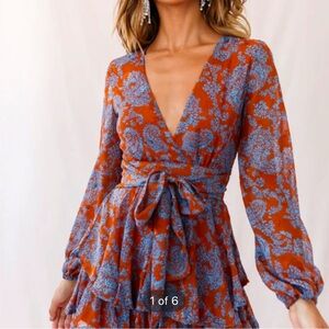 Floral V-Neck Long Sleeve Dress - Orange and Blue